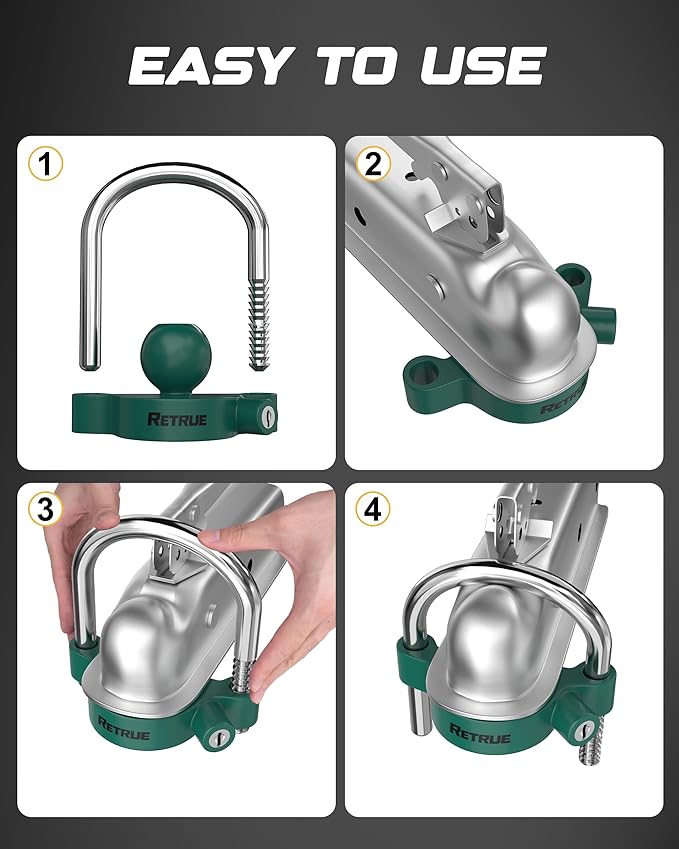 RETRUE Universal Coupler Lock Trailer Locks Ball Hitch Trailer Hitch Lock Adjustable Security Heavy-Duty Steel Fits 1-7/8 Inch, 2 Inch, 2-5/16 Inch Couplers, Green