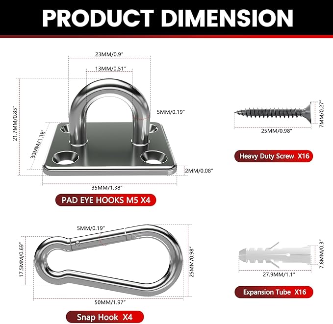 sprookber 304 Stainless Steel Pad Eye Snap Hooks, M5 Heavy Duty Ceiling Hooks, 500 lb Capacity Hammock Swing Hanging kit, Plant Hangers, Marine Hardware Staple Hook Loop with Screws, Set of 8