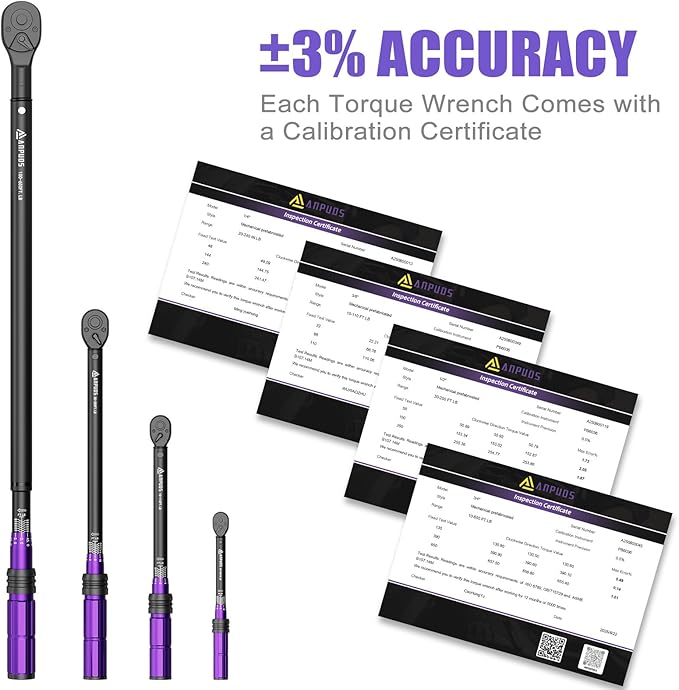 4PCS Torque Wrench, 1/4 3/8 1/2 3/4-Inch Drive Click Torque Wrench Set,20-240in.lb,10-110Ft.lb, 30-250Ft.lb, 100-650 Ft.lb, ±3% Precision with Dual Range Scales for Bike, Motorcycle, Car, Truck