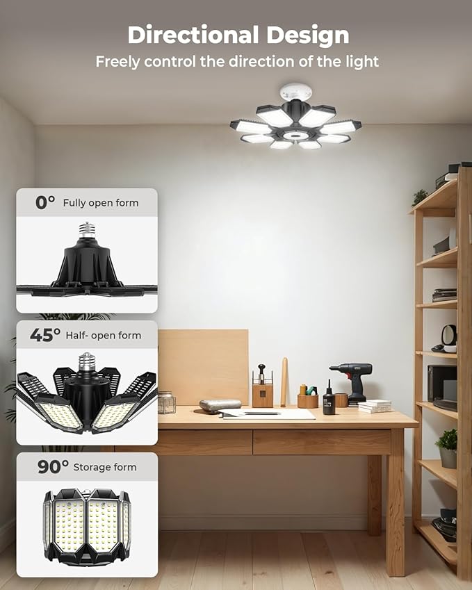 LED Garage Light, Ultra Bright 25000LM Shop Light with 8 Foldable Panels, 6500K LED Light for Garage, Workshop, Utility Room