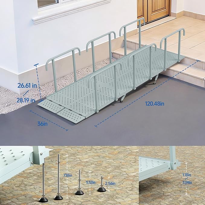 10'L x 36" W Portable Wheelchair Ramp with Handrails, Non-Slip Heavy Duty Handicap Ramp 850lbs Load Capacity, Wheelchair Ramp for Home Steps, Stairs, Doorway