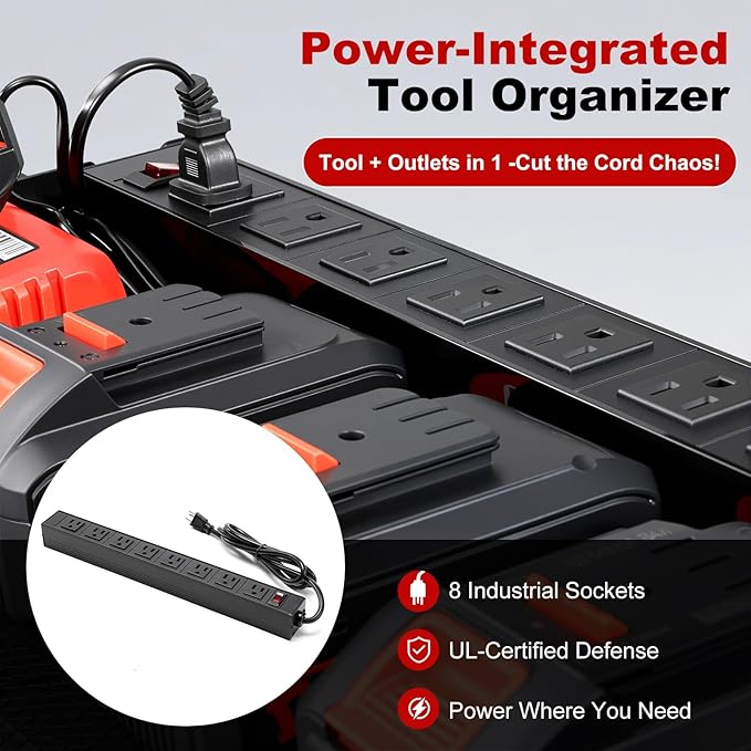 Large Power Tool Organizer Wall Mount with Charging Station, Heavy Duty Cordless Drill Holder, Garage Tool Storage Battery Rack with 8 Outlet, Gift for Men Husband Dad Birthday Anniversary Black