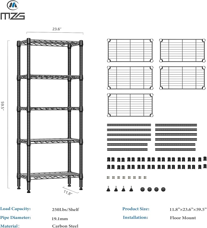 M MZG 1250 lbs 5 Tier Shelf Metal Storage Shelves Wire Rack Closet Organizers for Garage Kitchen Bathroom Laundry Black 11.8" D x 23.6" W x 59.5" H