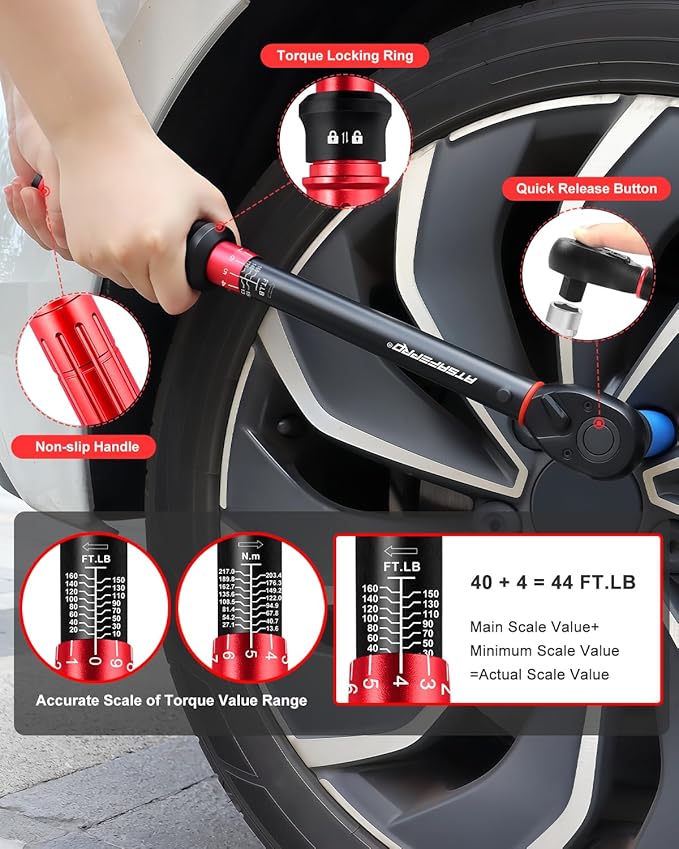 ATsafepro Torque Wrench 1/2 Drive -Dual Scales 10-160 Ft-Lb /13.60-217 Nm,1/2 Torque Wrench-High Precision ±3%,Tire Torque Wrench-72 Tooth Dual-Direction,Easy Use for Bikes, Moto & Cars