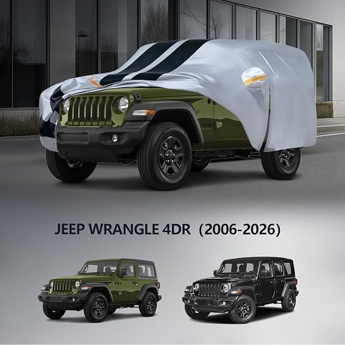 Multi-Layer Car Cover Custom Fit for Jeep wrangler 4 Dr/Unlimited 4 Dr JK JL(1987-2026), 100% Waterproof All Weather for Automobiles, Gift with Towel, Heavy Duty Car Covers for Rain Sun UV Protection.