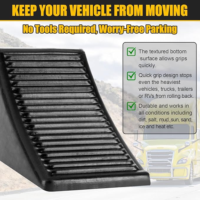 4 Pack Heavy Duty Wheel Chocks, Solid Rubber RV Wheel Chock for Trailers, Black Tire Chocks for Cars, Truck,Travel Trailers, Camper and ATV, 6.5" x 3.6" x 3.7"
