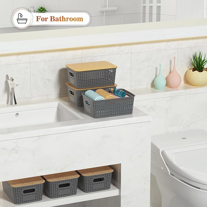 Plastic Storage Baskets With Bamboo Lid - Plastic Storage Containers Stackable Storage bins: Storage Baskets for Organizing Shelves Drawers Desktop Closet Playroom Classroom Office, 6 Pack, Gray
