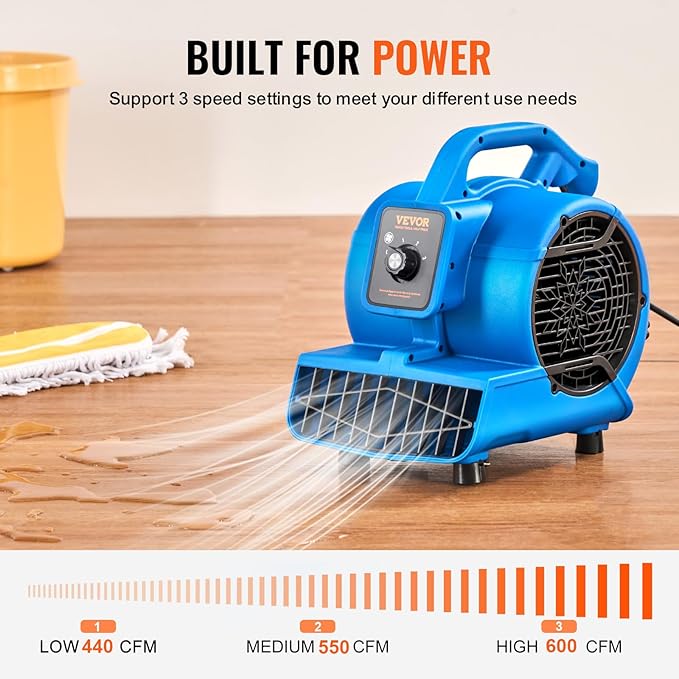 VEVOR Floor Blower, 1360 RPM 600 CFM, Air Mover for Drying and Cooling, Portable Carpet Dryer Fan with 4 Blowing Angles,3-Speeds Adjustment, for Janitorial, Home, Plumbing, Commercial Use