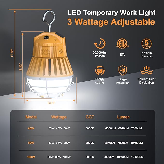LED Temporary Work Light 60W, 7800LM 5000K Portable Hanging Construction Light with 10ft Cable Plug and Sturdy Hooks Linkable LED Work Light for Job Site Lighting, Workshop, Garage ETL Listed