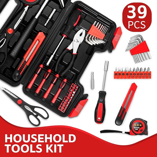 39 Piece Home Tool Kit General Household Hand Tool Set small tool box with Toolbox Storage Case for Everyday Home Repairs, Mini Tool kit for Women,Red