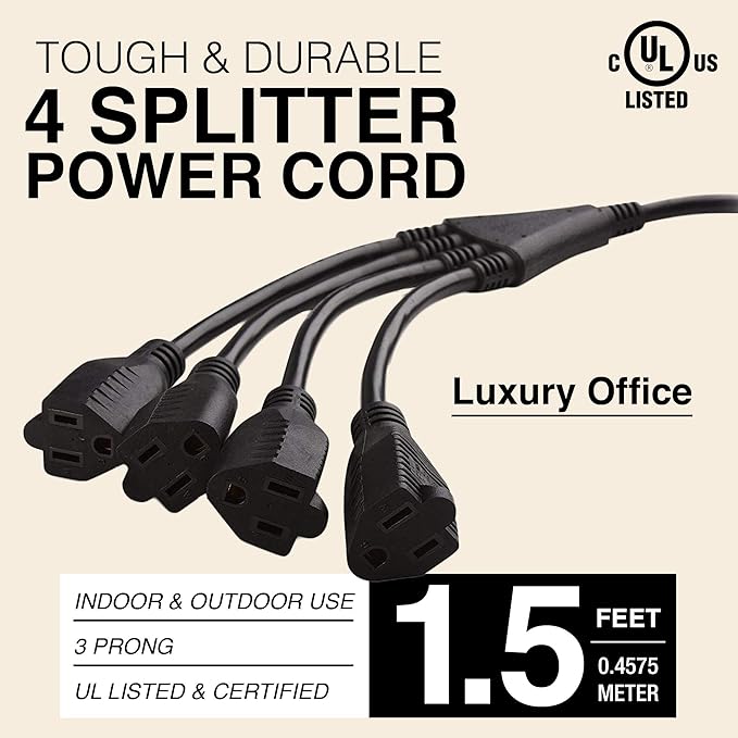 4 Way Power Splitter - 1 to 4 Extension Cord Splitter, 1.5' Short Extension Cord UL Listed, Outlet Splitter 3 Prong, Power Strip Outlet Plug, Y Style Extension Cord, Black, SJT 16 AWG by Luxury Office