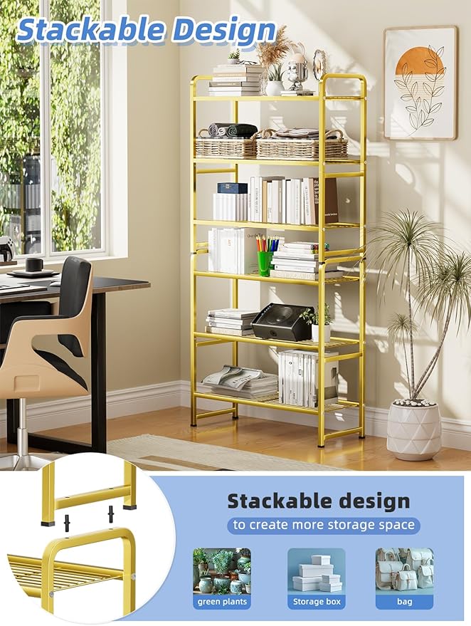 3 Tier 30" Wide Metal Wire Shelf, Stackable & Adjustable Gold Utility Shelves for Pantry, Garage, Closet Storage
