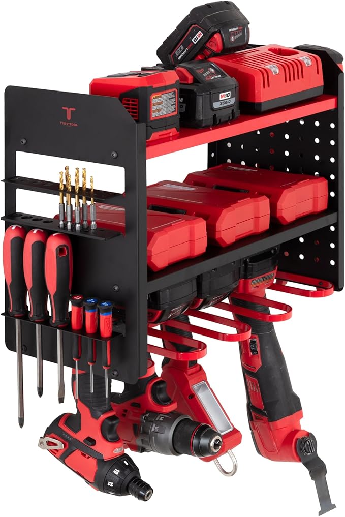 Power Tool Organizer Wall Mount, 4 Layer Heavy Duty Metal Tool Storage Rack with 4 Drill Holders, Pegboard Side Panels & Hooks, Garage Tool Organizer Wall Mount for Cordless Tools, Workshop, Shed