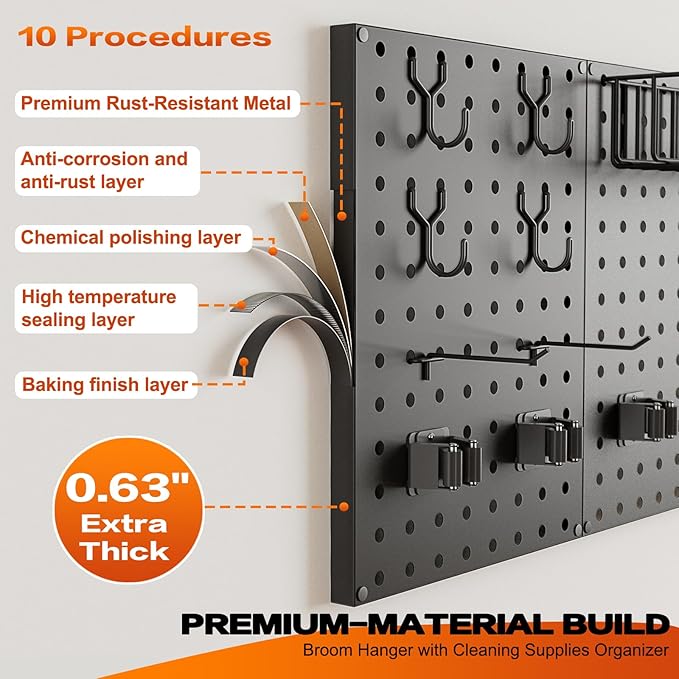 Broom Holder Wall Mount, Peg Board Wall Organizer with Mop Hanger Gripper Hooks Basket, Laundry Room Organization and Storage with Cleaning Supplies Organizer, Metal Pegboard for Utility Closet Garage
