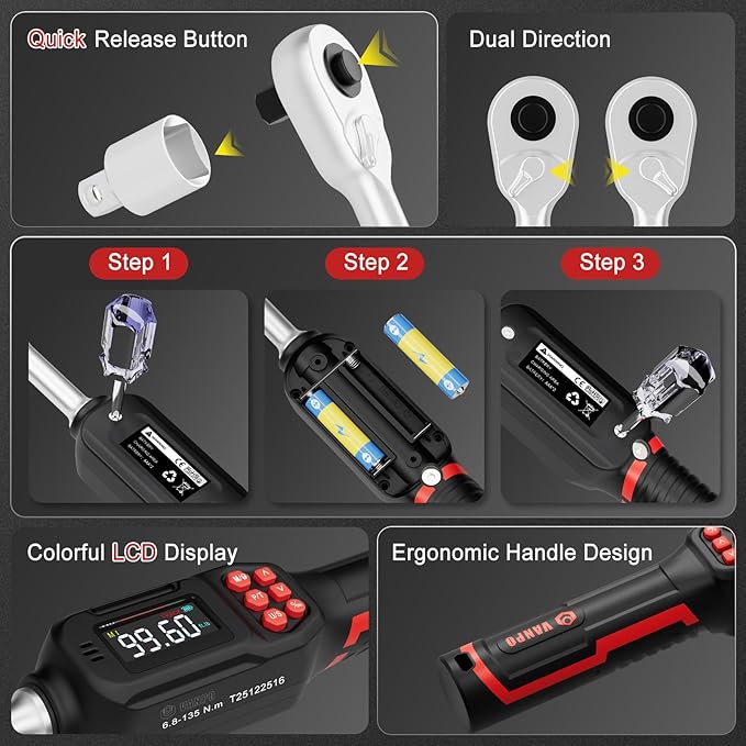 VANPO Digital Torque Wrench 3/8-Inch,5-99.6 Ft-Lb/6.8-135 Nm, Electronic Torque Wrench with Color Screen,Buzzer and LED Alertm, Preset & Data Storage for Car, Motorcycle, Bike Maintenance