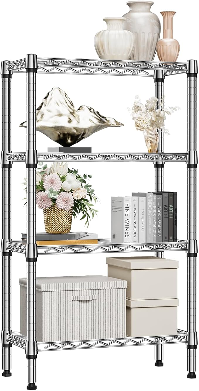 M MZG 1000 lbs 4 Tier Shelf Metal Storage Shelves Wire Rack Closet Organizers for Garage Kitchen Bathroom Laundry Chrome 11.8" D x 25.6" W x 45.5" H