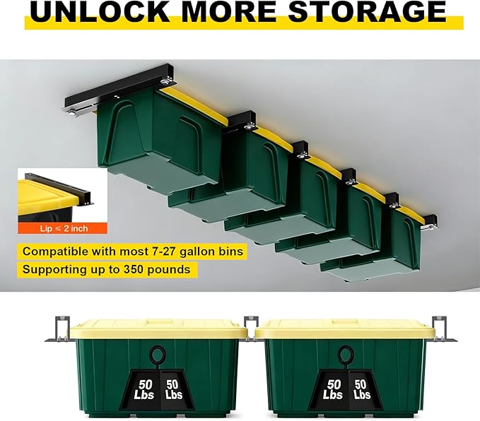 Yuleimy Overhead Garage Storage Rack 4-Pack - Heavy Duty Garage Ceiling Storage Racks for Tote Containers - 17" Adjustable Tote Rack 27 Gallon Storage System, Hanging Bin Ceiling Mount Rails
