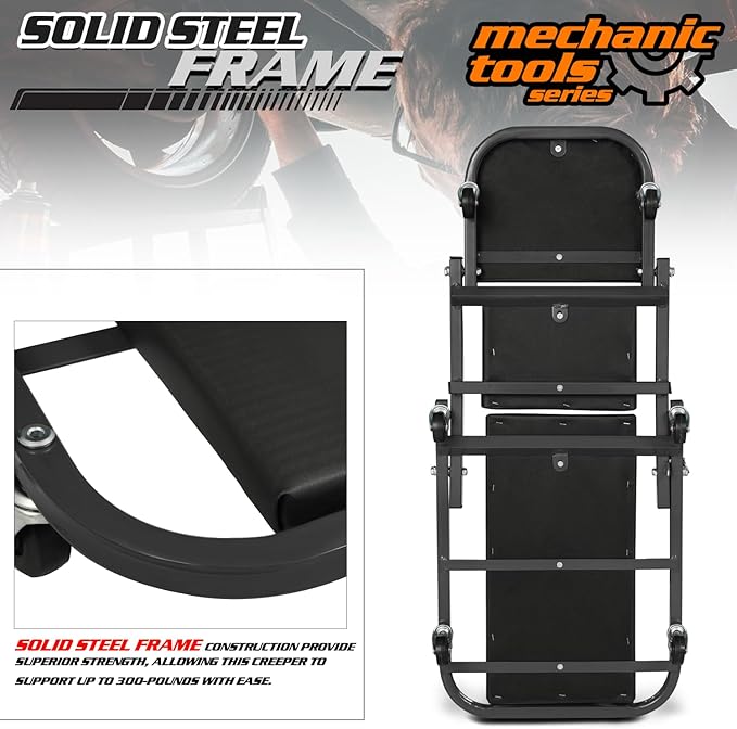 M-AUTO 40-Inch Folding Creeper Rolling Seat, All-in-One Adjustable Roller Garage Chair, Lay Down or Sit, 330LBS Capacity Under Car Roller Creeper with 6 Swivel Casters, Black