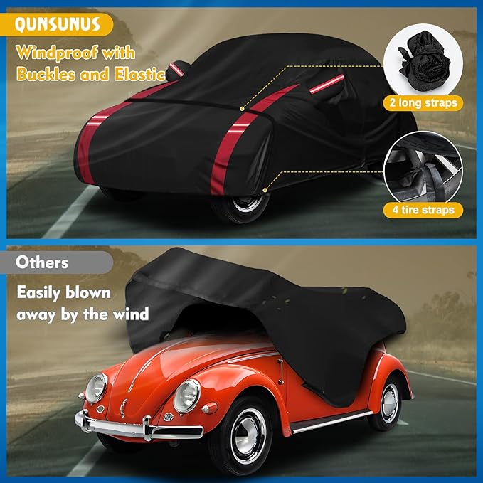 QUNSUNUS 6 Layer Car Cover for Volkswagen Beetle Bug 2 Door 1960-1980 Waterproof All Weather 210D Windproof for VW Beetle Bug Car Cover Hail Protection with Zipper