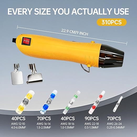 310PCS Solder Seal Wire Connectors Kit with Dual Temp Heat Gun, Heat Shrink Solder Butt Connectors Waterproof Electrical Terminals for Automotive Marine Boat RV Wiring Repair (310, Yellow)