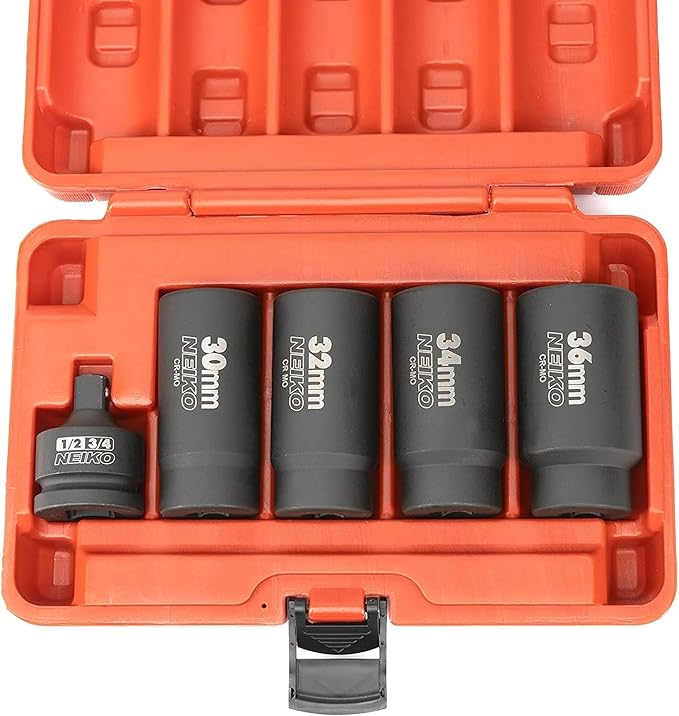NEIKO 02530A 5 Piece 12 Point Socket Set 1/2” Drive, Lug Nut Remover, Spindle Nut Socket, Axle Nut Socket Set, Metric 30mm - 36mm Socket 1/2 Drive Impact Set, Cr-Mo Impact Adapter, 3/4" - 1/2” Reducer