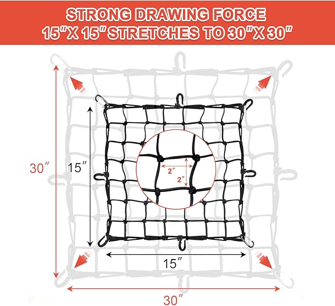 Cargo Net Motorcycle Fuel Tank Net Natural Latex Core, 15"x 15" Extends to 30"x 30" with 2"x 2" Mesh for Motorcycle Helmets, Bikes, ATVs, UTVs, Luggage (Black, 1 Pack)
