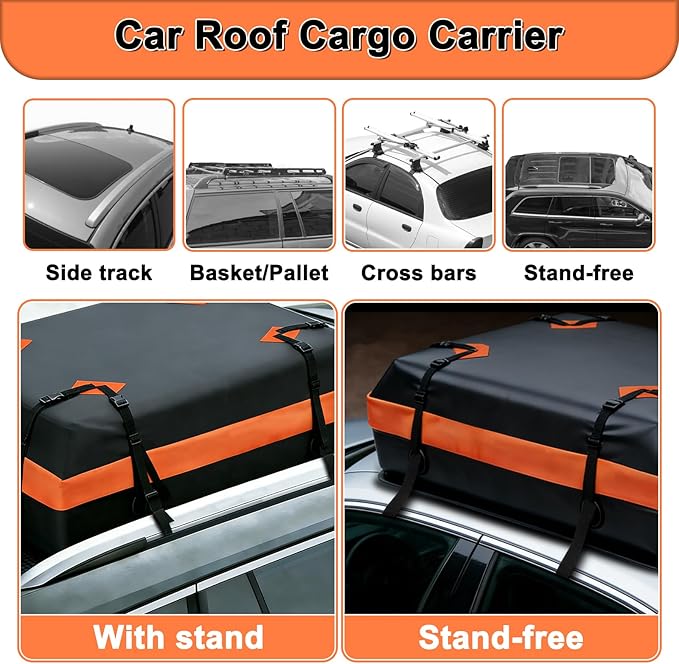 15 Cubic Premium Rooftop Cargo Carrier, Waterproof Car Roof Bag for All Cars with/Without Rack, Heavy Duty Car Roof Cargo Carrier with Anti-Slip Mat, 6 Door Hooks, Luggage Lock