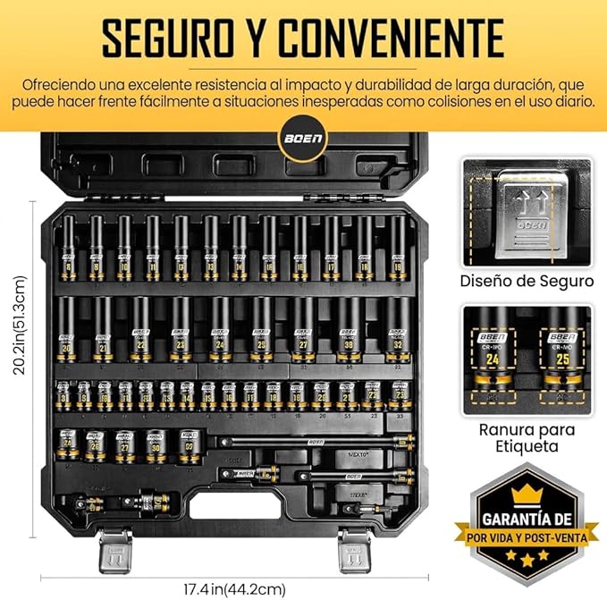 boen 48PCS 1/2” Drive Metric Socket Set, Impact Deep&Shollow Socket(8mm-32mm), for Lug Nut Use, 6-Point with Yellow Embossed Marking, CR-MO