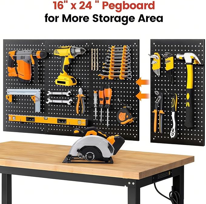 ENJOYWOOD 60" x 22" Heavy Duty Workbench Adjustable Height Garage Work Table with Solid Rubberwood Top, Pegboard & Power Outlets for Workshop, Home & Office