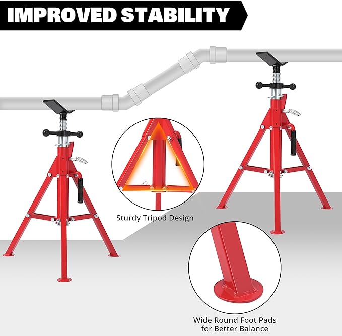 Heavy-Duty Pipe Jack Stand V-Head Bracket Load Capacity 2500 LBS Suitable for 1/8“ to 12” Pipes 24“ to 42” Adjustable Height Folding Legs for Welding Threading Hole Cutting