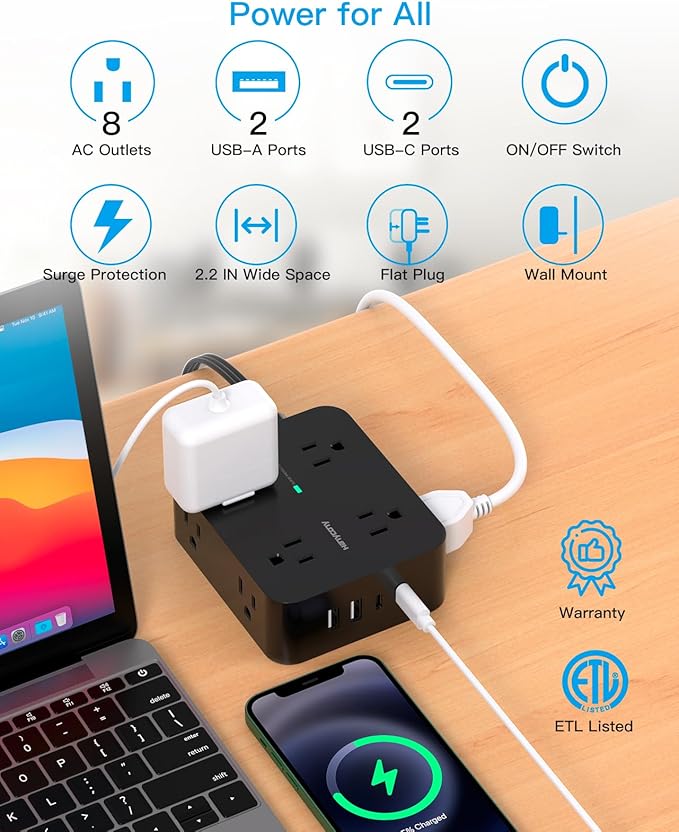 10 Ft Power Strip Long Cord, HANYCONY Extension Cord Surge Protector with Flat Plug, 8 Outlets 4 USB Charging Station(2 USB C), Wall Multiple Plug Outlet Extender for Home Office Desk