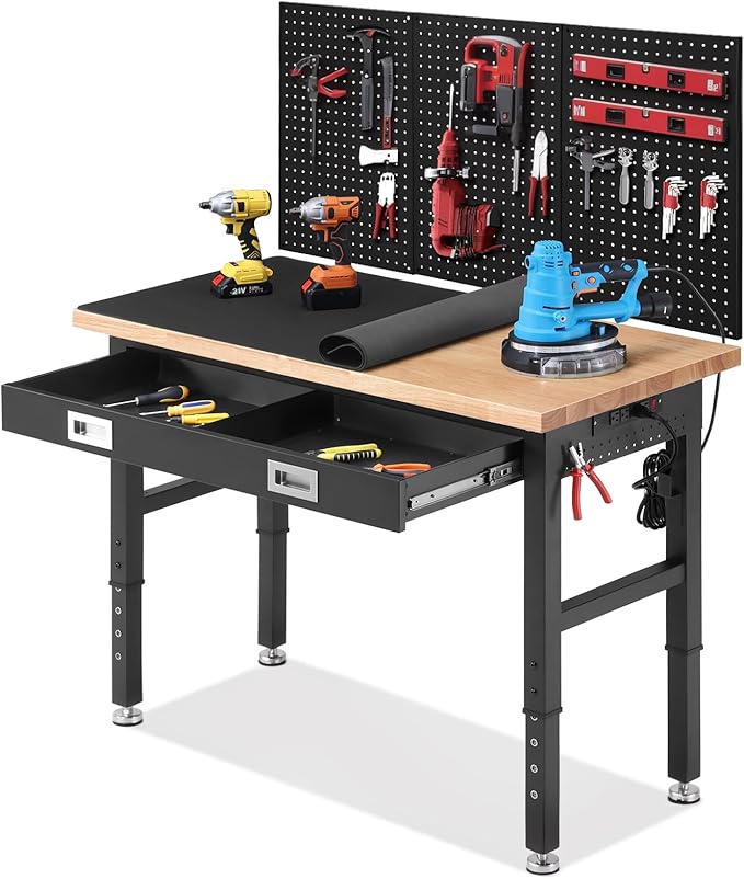 ENJOYWOOD Work Bench with Storage Adjustable Workbenches with Drawer for Garage 48 Inch Rubber Wood Top Garage Workbench with Pegboard, Power Outlets for Woodworking,Home, Office, Workshop