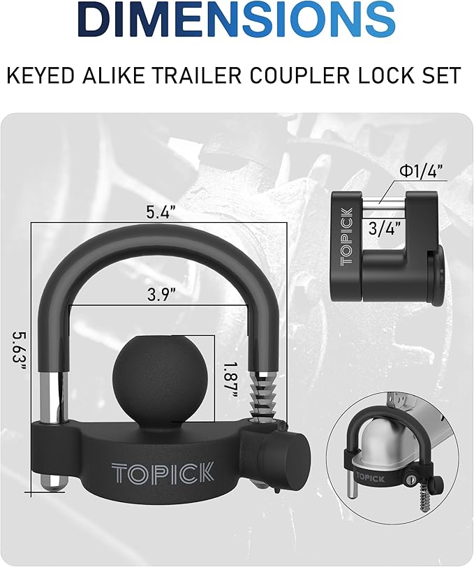 TOPICK Keyed Alike Trailer Coupler Lock Set, Trailer Lock Kit Include Universal Trailer Hitch Lock & Coupler Latch Lock, Heavy-Duty Anti-Theft Protection for 1-7/8", 2", 2-5/16" Couplers, All Black