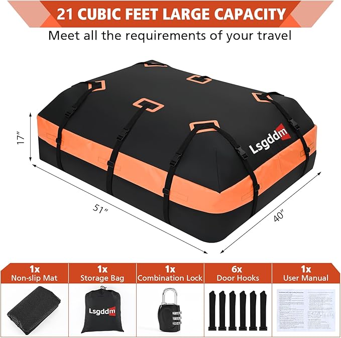 Roof Bag, Waterproof Soft Car Top Carrier Without Rack, 21 Cubic Feet Cargo Carrier for Top of All Vehicles with/Without Rack, Includes Anti-Slip Mat, 6 Door Hooks, Luggage Lock, Storage Bag