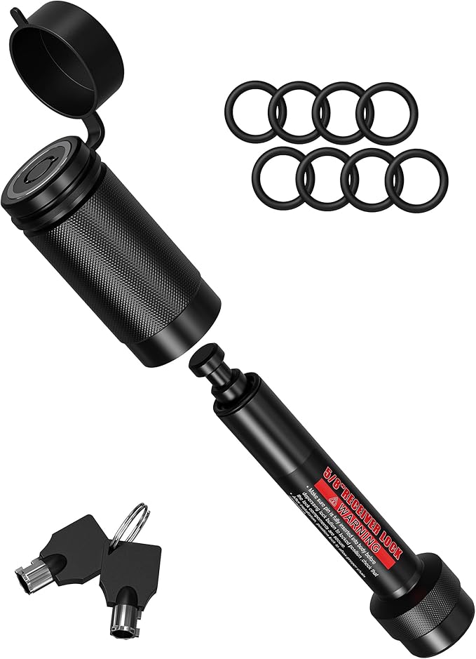 TYT Trailer Hitch Lock for 2" Receiver, Class III/IV, 5/8" Dia x 4" Extra Long Hitch Pin, Anti-Theft Trailer Receiver Lock with 2 Keys & 8 O-Rings (Black)