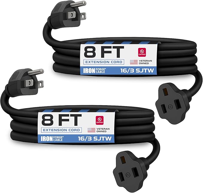 Iron Forge Cable 2 Pack 8 Ft Black Extension Cord, 16/3, 8 Foot Extension Cord, 3 Prong, Weatherproof - Great for Outside Use