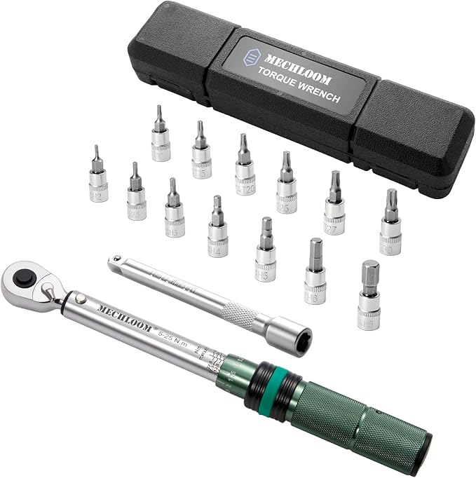 1/4-Inch Torque Wrench, 5–25 N·m, 15-Piece Click Bike Torque Wrench Set with Bits and 4-Inch Extension Bar, Dual-Direction, 0.25 N·m Increments, ±3% Accuracy for Bicycle Maintenance