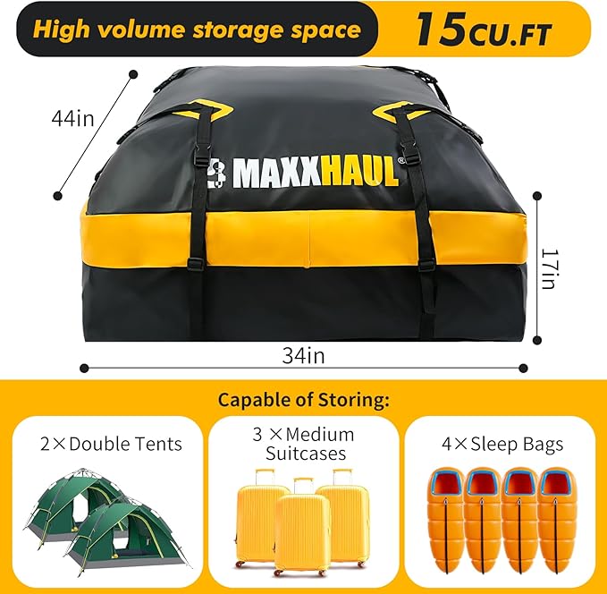 MaxxHaul Waterproof Car Roof Bag (15 Cubic Feet) – Universal Rooftop Cargo Carrier for All Cars/SUVs, Includes Anti-Slip Mat, 8 Straps, 6 Door Hooks & Luggage Lock - Lightweight & Heavy Duty