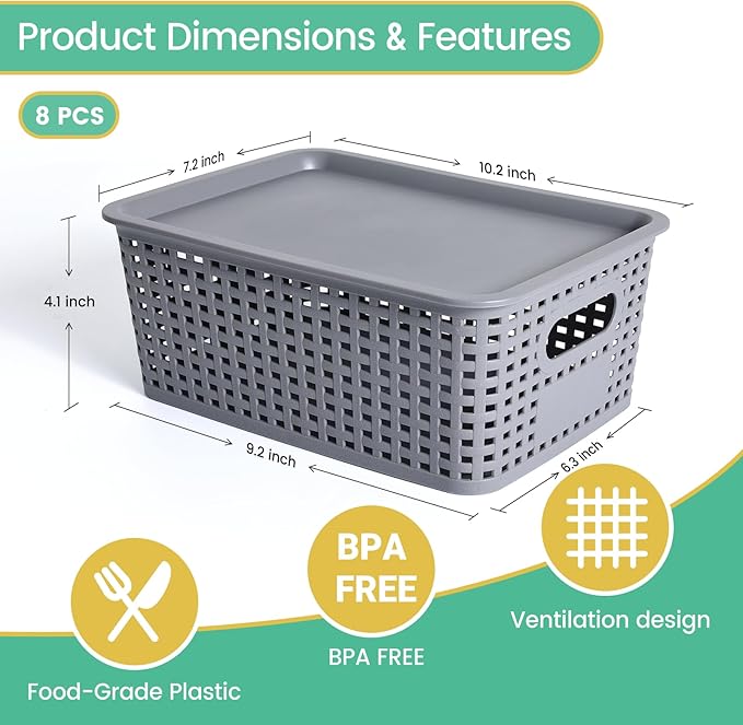 Plastic Storage Baskets with Lid-Plastic Storage Containers Stackable Storage bins: Storage Baskets for Organizing Shelves Drawers Desktop Closet Playroom Classroom Office,8 Pack-Gray10.2x7.2x4.1Inch