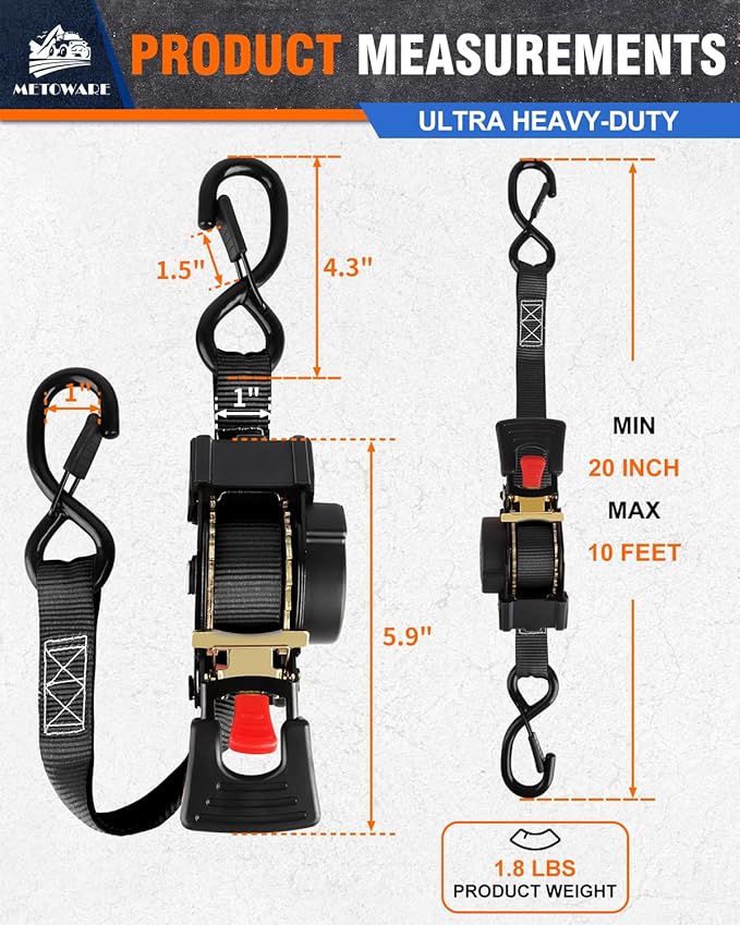 METOWARE Retractable Ratchet Straps (4-Pack) - 1" x 10' (1500lb Break Strength) - Heavy Duty Auto Self Retracting Tie Down Straps for Truck, Trailer, Cargo Van, Motorcycle - Black