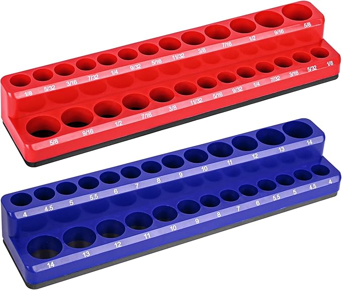 2-Piece Magnetic Socket Holder - 1/4 Inch Drive Metric SAE Socket Trays Tool Storage Set - Holds 52 Sockets for Tool Box Drawer