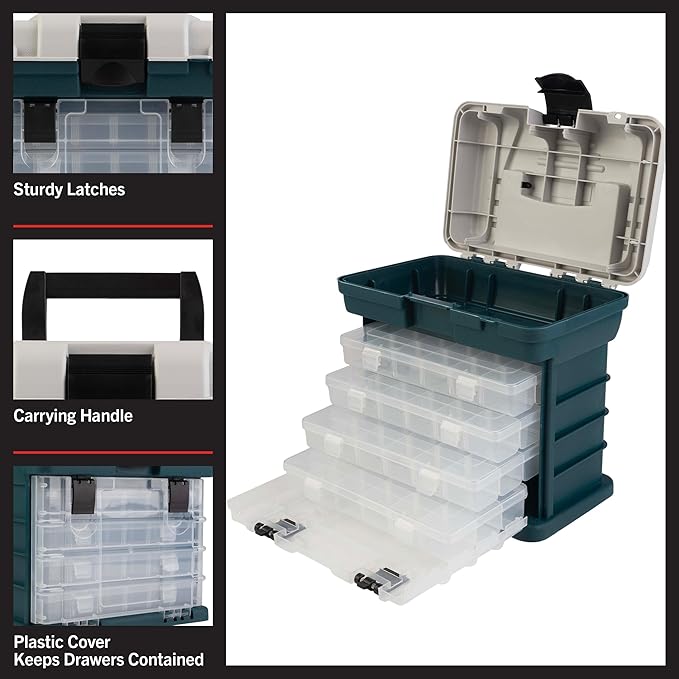 Portable Tool Box - Small Parts Organizer with Drawers and Customizable Compartments for Hardware, Fishing Tackle, Beads, or Crafts by Stalwart (Gray)