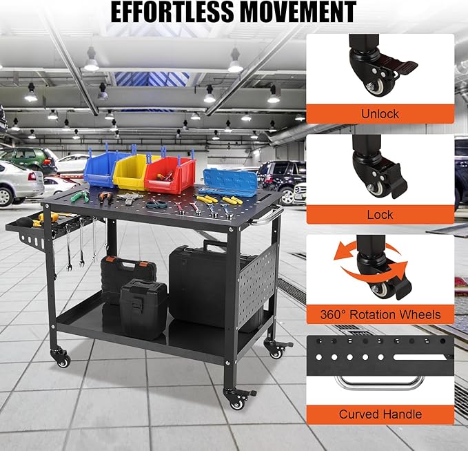 36x24 Steel Welding Table,1200 Lb Portable Welding Fixture Table for Shop,Rolling Welding Table with 5/8" Holes for Shop Garage (Black, with Tool Tray)
