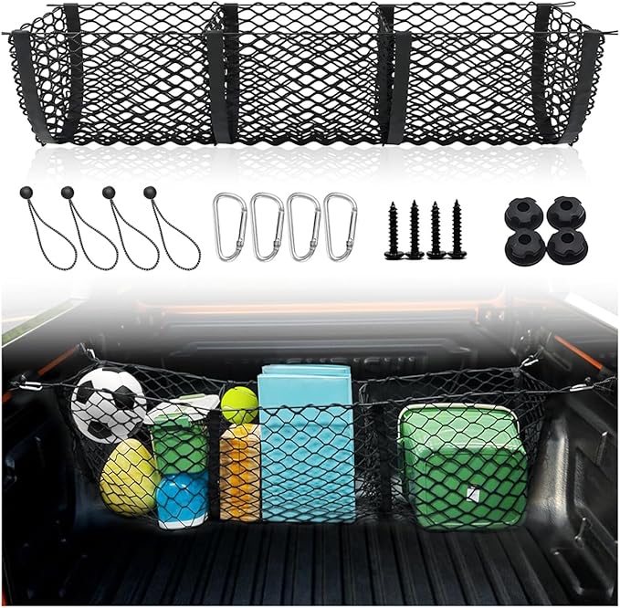Gestec 3 Pocket Truck Bed Cargo Net for Toyota Ford Dodge GMC Chevy Silverado, Universal Pickup Mesh Storage Net 47.2" x 11.8" Stretchable Elastic Truck Bed Grocery Holder Net with 4 Ball Bungees