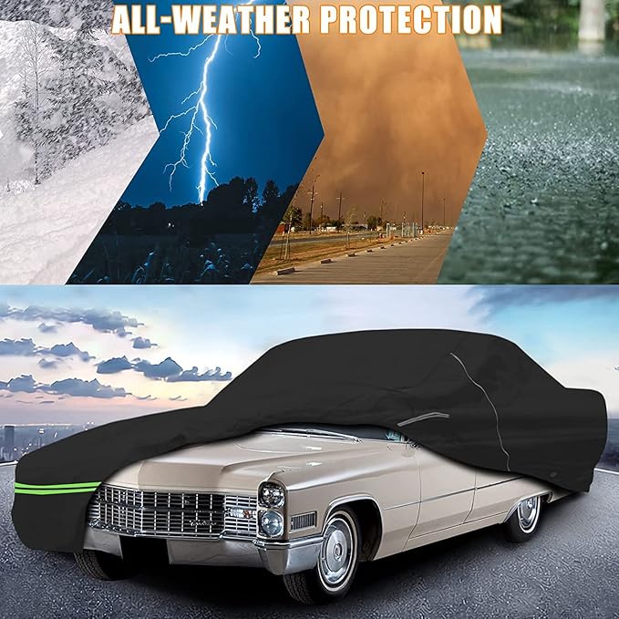 Waterproof Car Cover Replace for Cadillac DeVille 1964-1984 Sedan Coupe, 210T All Weather Car Covers with Zipper Door for Snow Rain Dust Hail Protection