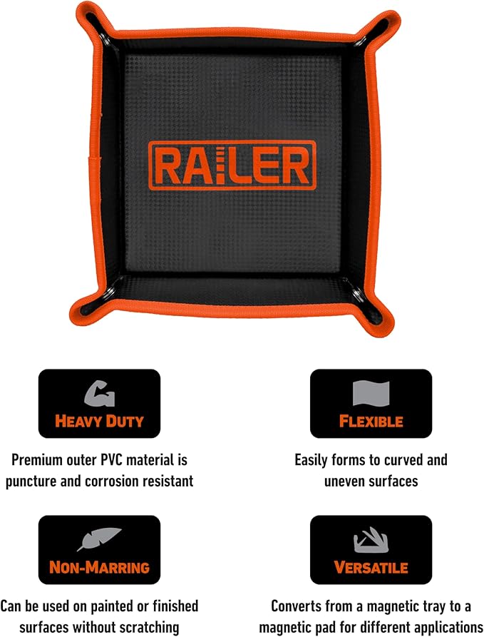 Railer MagMat Tray – Magnetic Tool Mat & Parts Tray – 10x10 Flexible Magnetic Mat Holds 17 lbs – Heavy Duty Magnet Pad for Mechanics – Non-Slip Magnetic Work Mat & Tool Pad for Auto Repair
