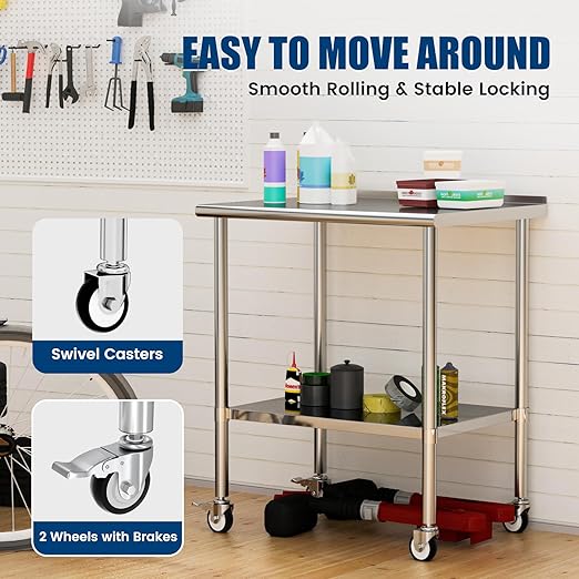 Stainless Steel Work Table with Wheels, 24x36 Inch NSF Food Prep Table with Backsplash & Adjustable Undershelves for Commercial Kitchen, Restaurant, Garage