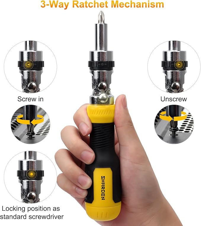 SHARDEN Ratcheting Multi Bit Screwdriver - 13-in-1 Tool Set, Flat Head/Square/Torx/Hex/Phillips, 180 Degree Pivoting Adjustable Angle Magnetic Screwdriver
