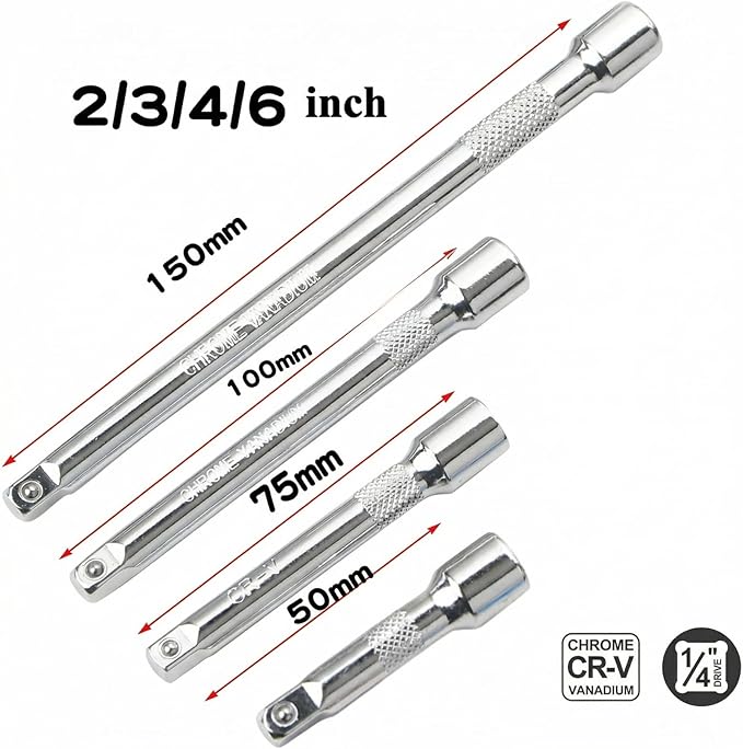 EMSTAR 4PCS 1/4" Drive Socket Extension Bar Set, 2" / 50mm, 3" / 75mm, 4" / 100mm, 6" / 150mm, CR-V Steel Ratchet Extensions for Automotive & DIY Repair