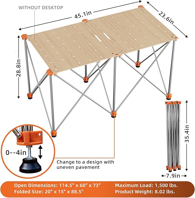 2'x4' Heavy Duty Portable Folding Workstand - 2,500 lbs Capacity Collapsible Workbench with Thickened Legs, Round Steel X-Braces & 4" Adjustable Leveling Feet - Instant Setup for Jobsite & Garage